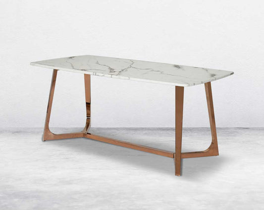 6 & 8 Seater rectangular dining table with white marble top and high polished stainless steel base with rose gold finish.