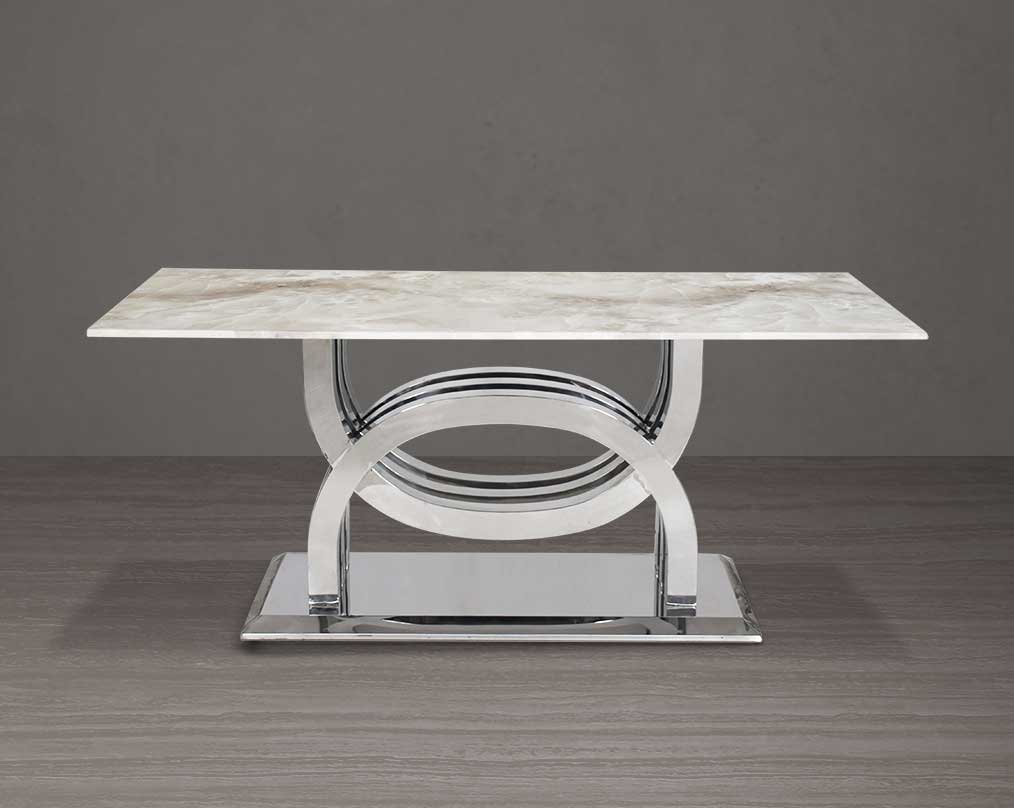 6 & 8 seater rectangular dining table with marble top comes with an artful stainless steel base