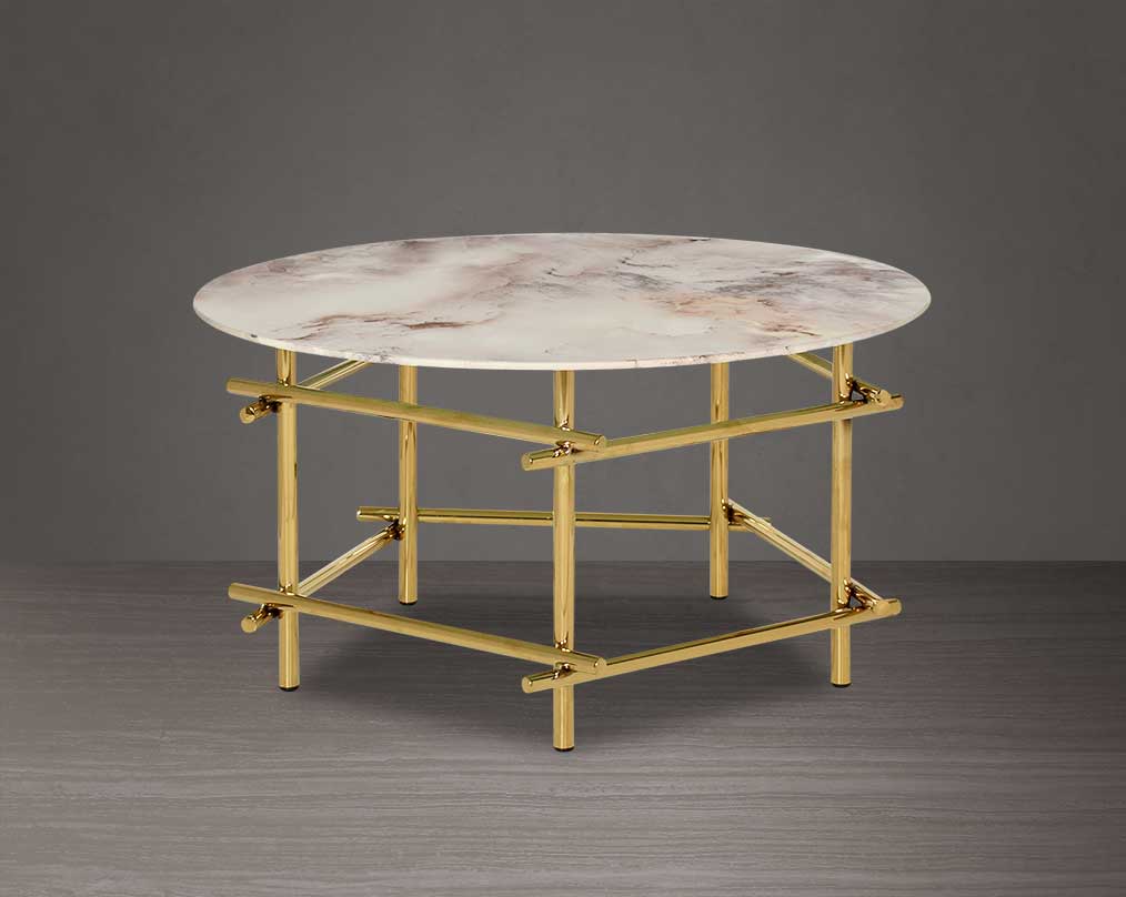 Round coffee table with marble finish glass top and gold plated stainless steel base in a geometric design.