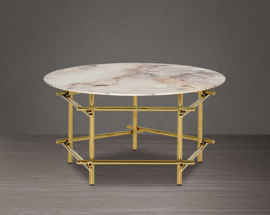 Round coffee table with marble finish glass top and gold plated stainless steel base in a geometric design.