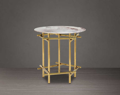 Round end table with marble finish glass top and gold plated stainless steel base in a geometric design.