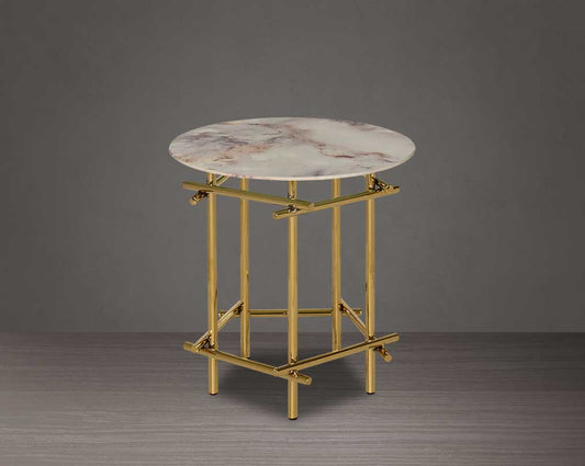 Round end table with marble finish glass top and gold plated stainless steel base in a geometric design with front view