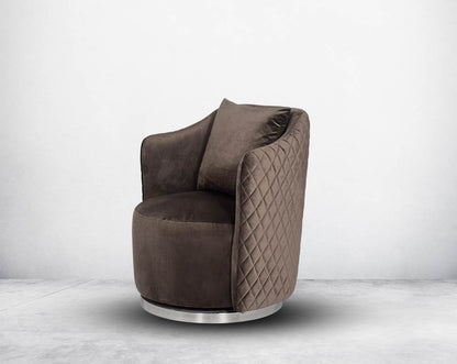 Quilted fabric leisure chair with stainless steel base with swivel, it comes with a cushion to compliment with side view.
