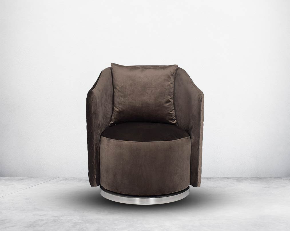 Quilted fabric leisure chair with stainless steel base with swivel, it comes with a cushion to compliment with front view.