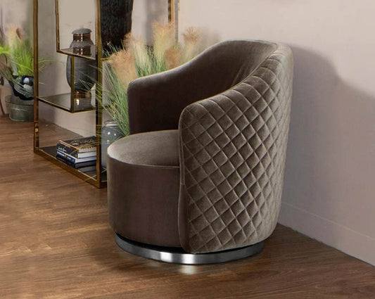 Quilted fabric leisure chair with stainless steel base with swivel, it comes with a cushion to compliment with side view.