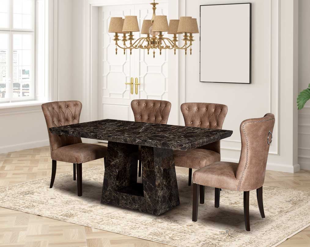 This 6 & 8 seater Rectangular Dining Table with black colour is beautifully crafted to add lasting quality & functionality to your dining space Dining chair upholstered in fabric with tufted back and birchwood legs.