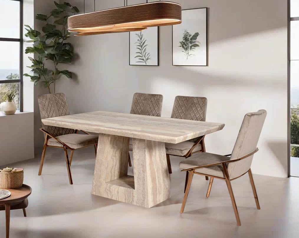 This 6 & 8 seater Rectangular Dining Table is beautifully crafted to add lasting quality & functionality to your dining space. It is a gorgeous amalgamation of a solid brown marble top & marble base. 