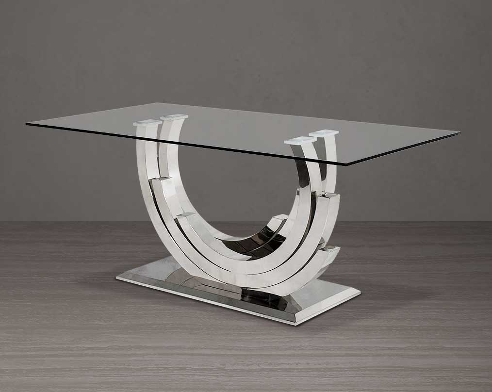 This 6 & 8 seater dining table with clear tempered glass top comes with an artful abstract stainless steel base.The stainless steel base echoes an opulent and sophisticated modern style and stands out in any ambience.