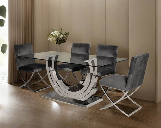 This 6 & 8 seater dining table with clear tempered glass top comes with an artful abstract stainless steel base.The stainless steel base echoes an opulent and sophisticated modern style and stands out in any ambience.
Dining chair upholstered in fabric w