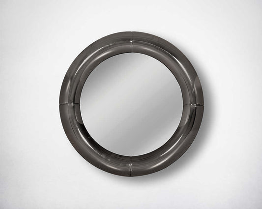 Round wall mirror with grey curved mirror border in rich contemporary design.