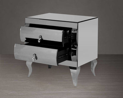Bedside table with 2 open drawer in silver curved mirror with legs in stainless steel.