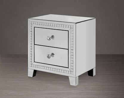 Side table in clear mirror with silver mirror border with crystal effect with side view