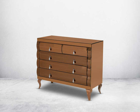 Chest of drawers in curved tawny mirror with rose gold plated stainless steel legs.