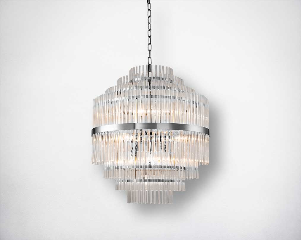 This 7-Light crystal pendant lamp features clear glass rods on a round metal frame.