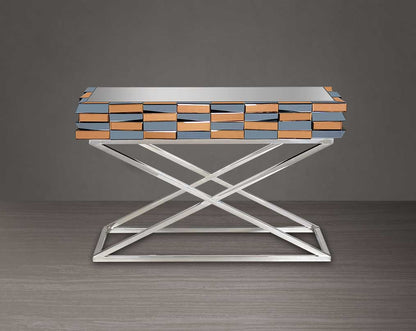 Console table with clear glass top with grey & tawny mirror & high polished stainless steel legs in cross design.