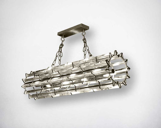 Cylindrical crystal glass pendant lamp with metal nickel plated.