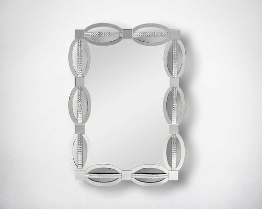 Rectangular wall mirror with silver mirror border with crystal effect in ornamental design.