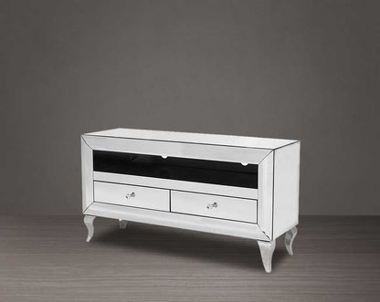 TV unit in a curved mirror with two drawers with side view 