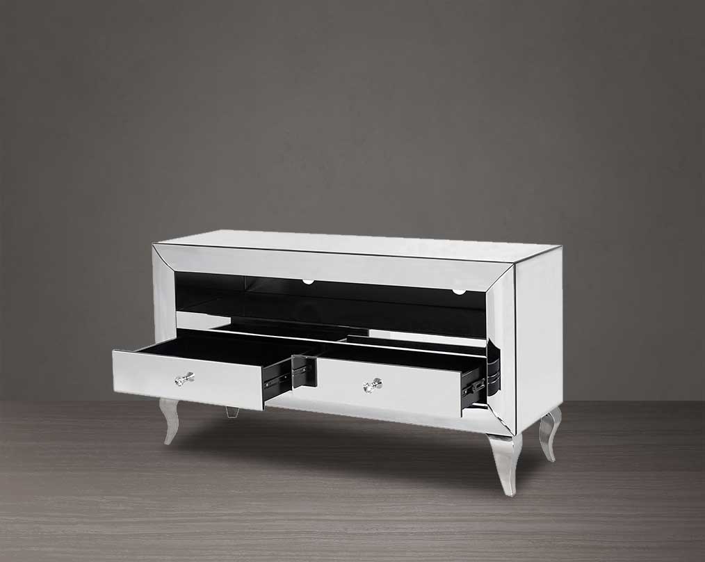 TV unit in a curved mirror with two drawers open 