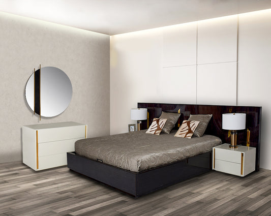 This elegant king bed comes with dark walnut veneer headboard with hydraulic lift storage Bedside table lacquered in high gloss with a spacious drawer with gold-finished stainless steel trim & wood base Beautiful round art décor mirror with ebony veneer &