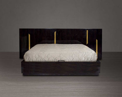 This elegant king bed comes with dark walnut veneer headboard with hydraulic lift storage. This is complemented by gold-finished stainless-steel inlay trim on the headboard which gives a chic modern feel.