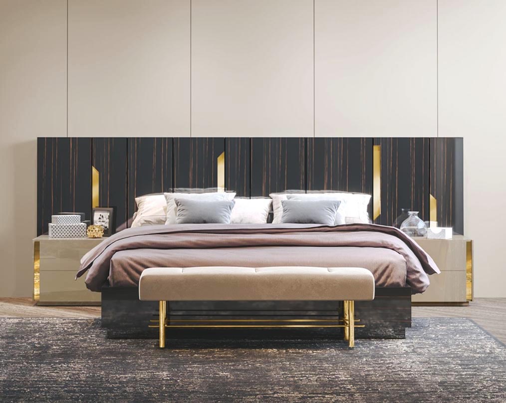 luxury Alma King Bed Set With Storage with 2 drawer This elegant king bed comes with dark walnut veneer headboard with hydraulic lift storage This is complemented by gold-finished stainless-steel inlay trim on the headboard which gives a chic modern feel.