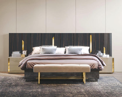 luxury Alma King Bed Set With Storage with 2 drawer This elegant king bed comes with dark walnut veneer headboard with hydraulic lift storage This is complemented by gold-finished stainless-steel inlay trim on the headboard which gives a chic modern feel.