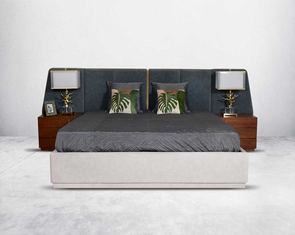the bed set with pillow brings a sense of splendor to the bedroom The fabric upholstered headboard with gold strip comes with hydraulic storage in contemporary style. Symmetry and style define this eye-catching bedside table, constructed from light walnut