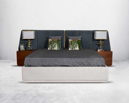 the bed set with pillow brings a sense of splendor to the bedroom The fabric upholstered headboard with gold strip comes with hydraulic storage in contemporary style. Symmetry and style define this eye-catching bedside table, constructed from light walnut