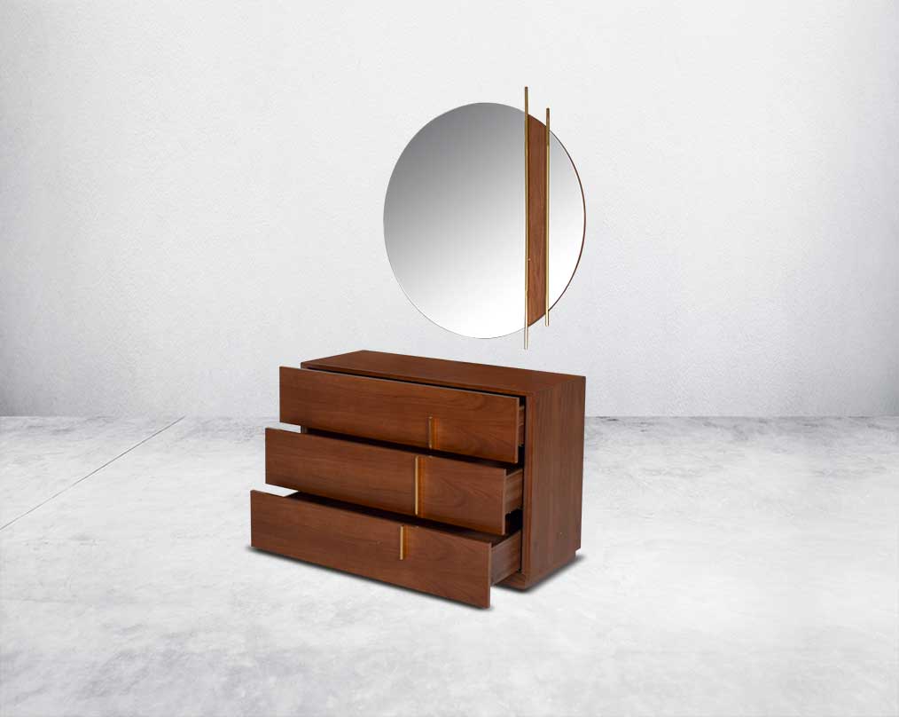 Dresser in lacquered finish with open 3 drawers & gold-finished stainless steel handles which completes this majestic set.