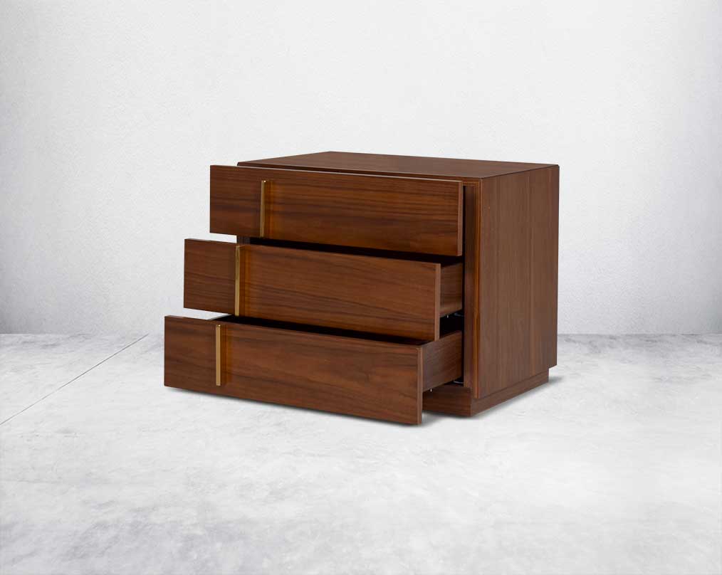 this eye-catching bedside table open drawer, constructed from light walnut veneer with three drawers & gold-finished stainless steel handles.