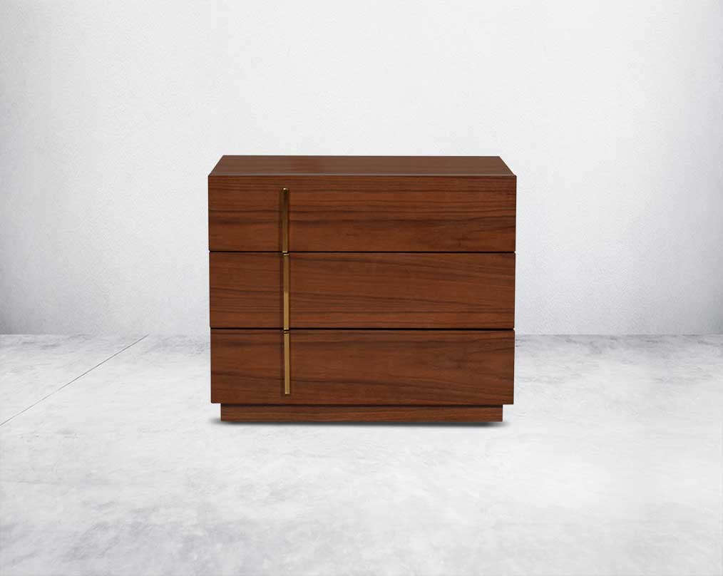 this eye-catching bedside  behind table, constructed from light walnut veneer with three drawers & gold-finished stainless steel handles.