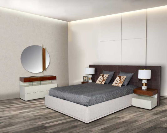 This elegant king-size bed comes upholstered in fabric & quilted in modern classic design. The bed comes with hydraulic lift storage. The gorgeous bedside table comes in beige glossy finish & light walnut top with one drawer. The dresser comes in beige gl