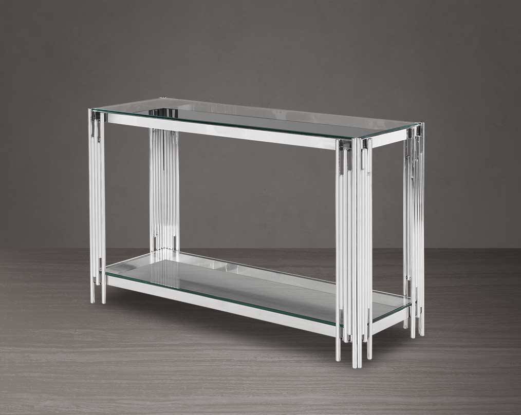 Console table with clear glass top with stainless steel base in sleek & opulent & modern style.