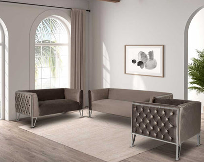 This 3+2+1 seater sofa set is the perfect addition to any living space looking to add a modern classic feel. Crafted beautifully with high polished stainless steel geometric legs and upholstered in luxurious velvet