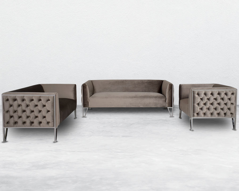This 3+2+1 seater sofa set is the perfect addition to any living space looking to add a modern classic feel. Crafted beautifully with high polished stainless steel geometric legs and upholstered in luxurious velvet