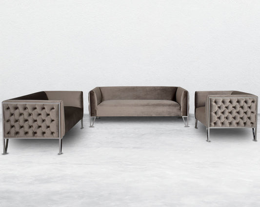 This 3+2+1 seater sofa set is the perfect addition to any living space looking to add a modern classic feel. Crafted beautifully with high polished stainless steel geometric legs and upholstered in luxurious velvet