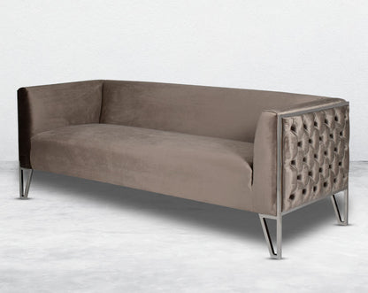 This 3 seater sofa set is the perfect addition to any living space looking to add a modern classic feel. Crafted beautifully with high polished stainless steel geometric legs and upholstered in luxurious velvet