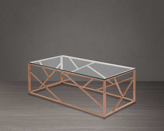 Coffee table with clear glass top and rose gold plated stainless steel frame in sleek contemporary design side view