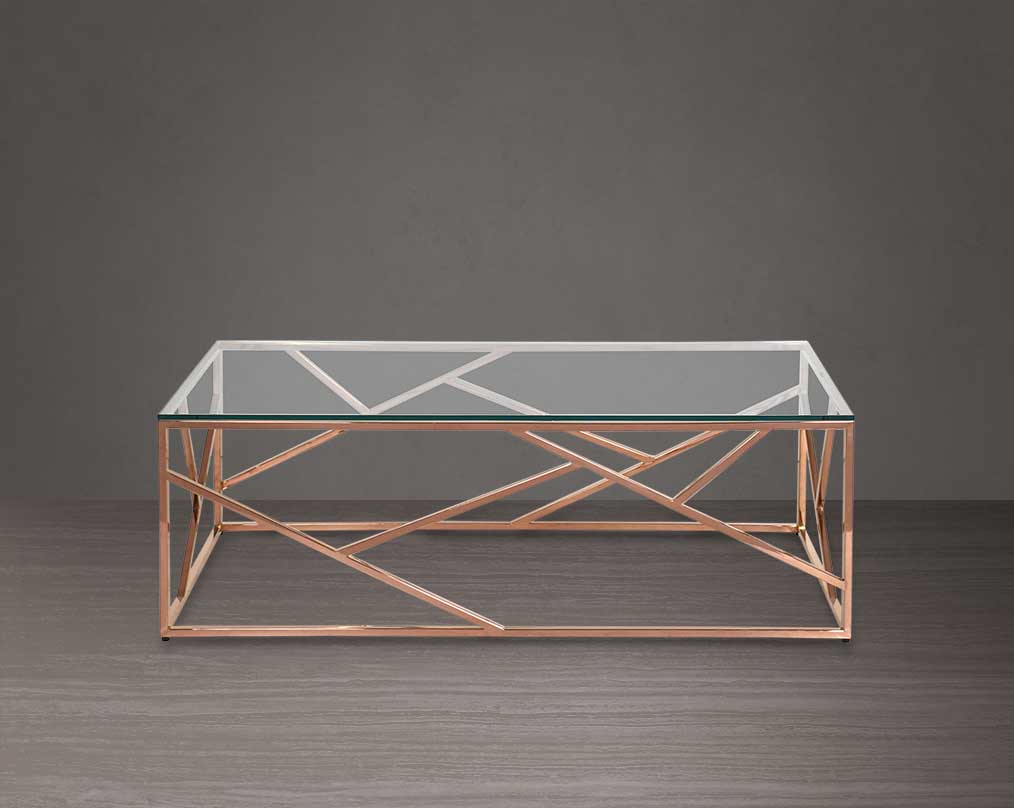 Coffee table with clear glass top and rose gold plated stainless steel frame in sleek contemporary design front view