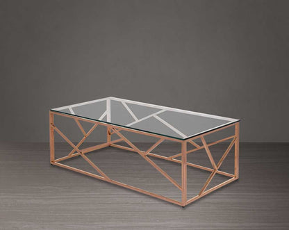 Coffee and end table with clear glass top and rose gold plated stainless steel frame in sleek contemporary design side view.