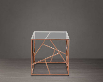 End table with clear glass top and rose gold plated stainless steel frame in sleek contemporary design.