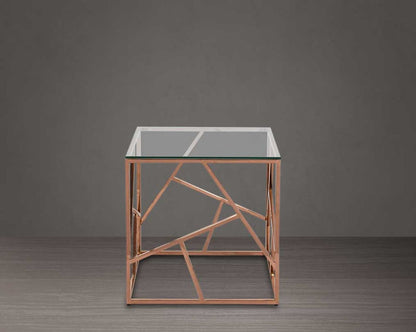 Coffee and end table with clear glass top and rose gold plated stainless steel frame in sleek contemporary design.