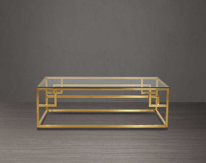This tempered clear glass coffee table The table features an elegant and sophisticated design with a gold-plated stainless steel frame in a geometric contemporary design. front view 