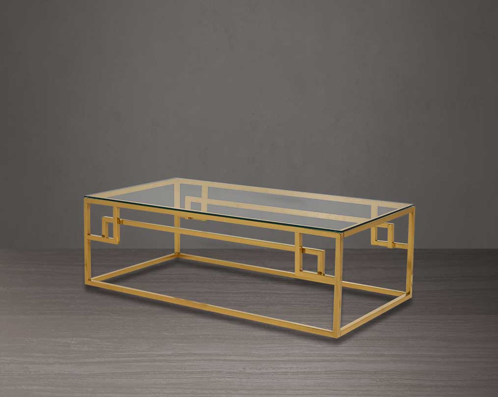 This tempered clear glass coffee table The table features an elegant and sophisticated design with a gold-plated stainless steel frame in a geometric contemporary design.