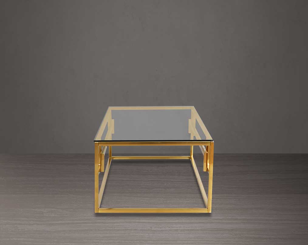 This tempered clear glass coffee table The table features an elegant and sophisticated design with a gold-plated stainless steel frame in a geometric contemporary design. back view 