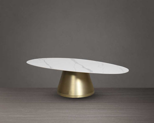 This oval coffee table is a captivating composition of a round white & grey ceramic top & conical metal base