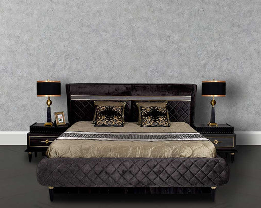 High back bed in king size in dark oak upholstered & quilted in fabric with antique gold design motif in modern classic design. The bed comes with hydraulic lift storage. Bedside table in dark oak finish with antique gold design motif and two drawers with