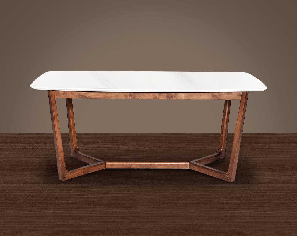 6 seater rectangular dining table with white marble top and legs in walnut