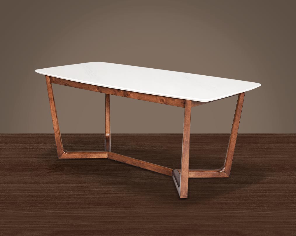 6 seater rectangular dining table with white marble top and legs in walnut